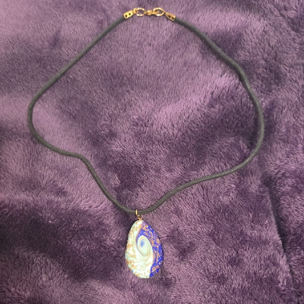 Blue & Gold Glass Pendant Necklace with Leather